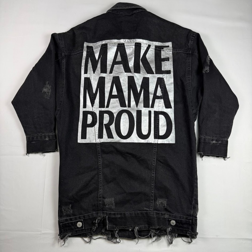 Zara Trafaluc Denim Jacket Black Distressed Small Make Mama Proud Grunge Goth